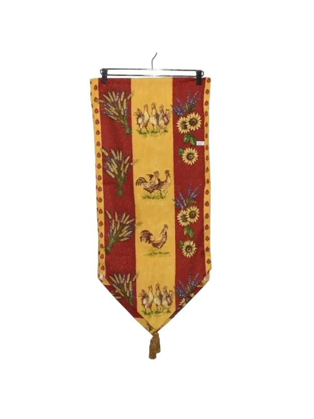 Country Rooster Sunflower Table Runner Tassels Yellow Maroon Red Cotton 16 x 72